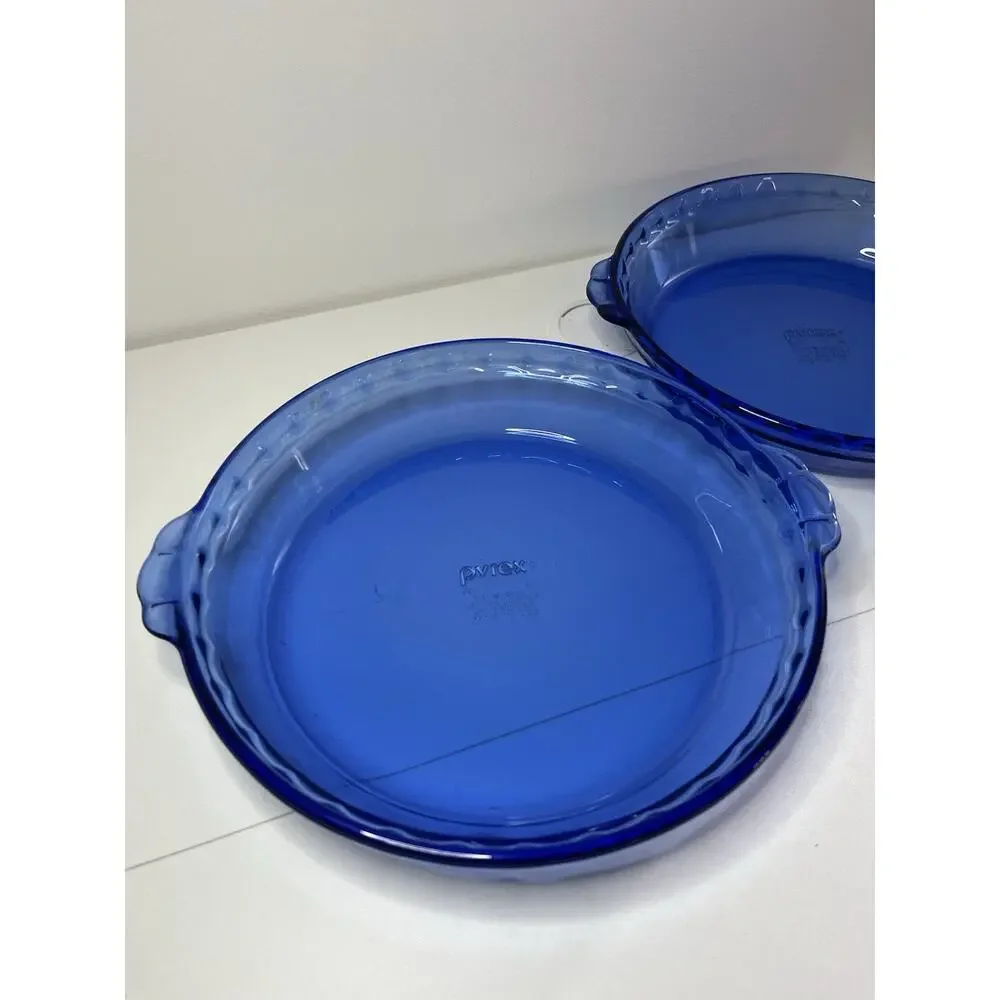 Set Of 2 Vintage Pyrex Deep Dish Crimped Pie Plates In Cobalt Blue #229 9.5”